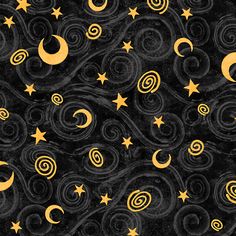 a black background with gold stars and crescents in the sky on top of it