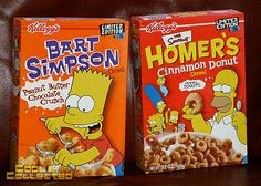 two boxes of homer's cinnamon donuts and bart simpson cereal sitting on a couch