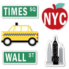 the times square, wall street, and times square stickers are on white paper