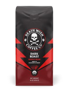 dark roast whole bean coffee from deathwise coffee co, on a white background with red and black stripes