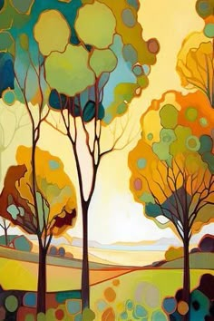 an abstract painting of trees in the distance with yellow and blue colors on them,