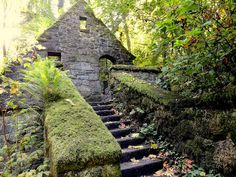 an old stone building with moss growing on it's sides and stairs leading up to the top