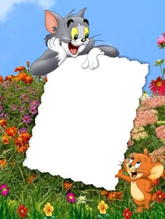 an image of a cat and mouse holding up a blank sign in the middle of flowers