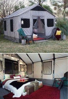 there are two pictures of a tent in the grass and one has a bed inside