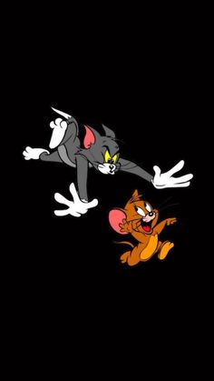 two cartoon cats are running together in the dark, with one cat looking at the camera