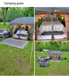 an image of a tent set up in the grass with couches and beds inside