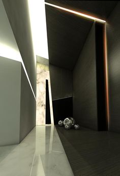 an empty room with white walls and marble flooring is shown in this 3d image