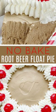 no bake root beer float pie with whipped cream and cherries on the top