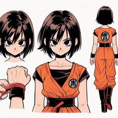 an anime character with black hair and brown eyes, wearing orange clothes while holding her hand out