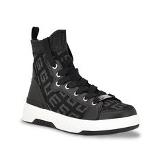 Guess-Mannen Sneaker Set the fashion bar high when you go out in the Mannen sneaker by Guess. The high-top sneaker has a comfortable knit fabric upper sporting a repeat signature text that looks iconic. An EVA footbed and rubber sole support every step. Trending Handbags, Trending Sneakers, Athletic Sneakers, Sneaker Shopping, Kids Bags, Go Out, The Fashion, High Top, Bags Women