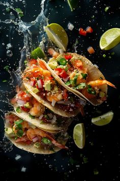 three tacos with shrimp, limes and cilantro on a black surface