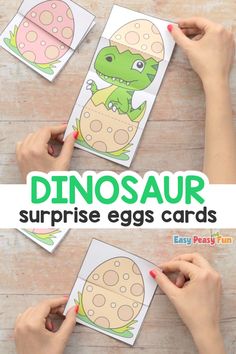 the dinosaur surprise eggs cards are being held up by two hands, with text overlaying