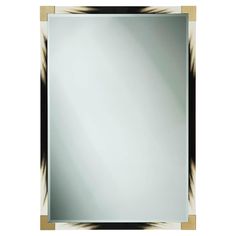 a square mirror with black and gold trimmings on the edges, against a white background