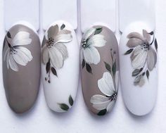 Gray Flower Nails, Gray Fall Nails, Mom Nails, Unghie Nail Art, Nail Drawing, Floral Nail Designs, Fancy Nails Designs, Flower Nail Designs, Pretty Nail Art Designs