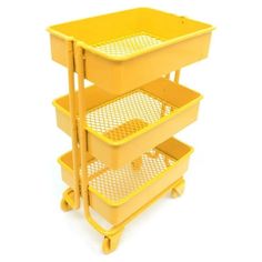 three yellow plastic containers stacked on top of each other with mesh baskets in the bottom