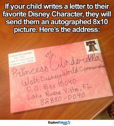 a postcard that has been placed on top of a table with the caption'if your child writes a letter to their favorite disney character, they will send them an autographed 8x