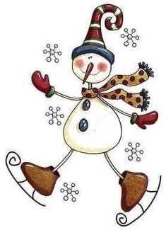 a drawing of a snowman wearing a hat and scarf with his arms out in the air