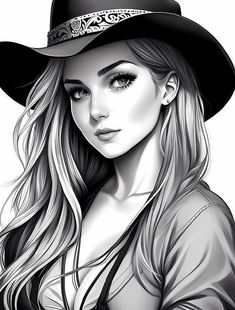 a black and white drawing of a woman with long hair wearing a cowboy style hat