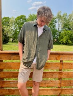 Mens Summer Outfits Button Down, Guy Outfit Inspo Summer, Mountain Outfit Summer Men, Summer Date Fits Men, Mens Open Button Up Outfit, Picnic Outfit For Guys, Spring Fits Aesthetic Men, Nerdy Man Outfit, Cute Mens Outfits Summer