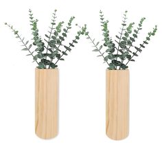 two wooden vases with plants in them