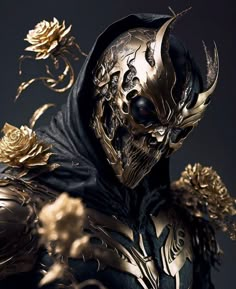 a man dressed in gold and black with flowers on his head, wearing a mask