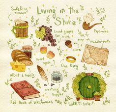 an illustrated drawing of living in the shire, including books and other things to read