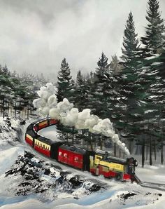 a painting of a train coming down the tracks in the snow with trees around it