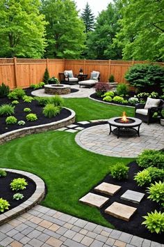 an outdoor patio with landscaping and firepits in the center, surrounded by green grass