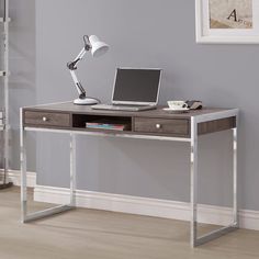 Benzara Wooden Writing Desk With Electroplated Chrome Frame Wood Desk Chair, Small Writing Desk, White Bathroom Furniture, Wooden Writing Desk, Computer Desks For Home, Contemporary Desk, Grey Desk, Coaster Furniture, Chrome Frame