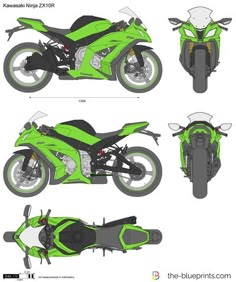 the green motorcycle is shown in three different views