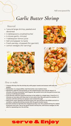 the menu for garlic butter shrimp