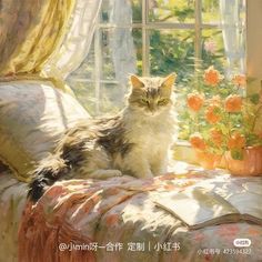 a painting of a cat sitting on a bed in front of a window with curtains