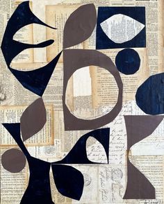 an abstract painting with black and grey shapes on top of old newspaper pages in the shape of circles