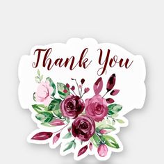 a thank card with watercolor flowers and the words thank you in red on it