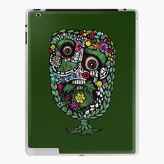 a green day of the dead sugar skull with flowers and leaves on it ipad case