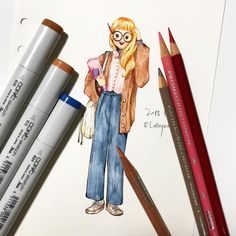 a drawing of a girl in overalls and glasses with pencils next to it