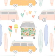 "Our pastel Summertime Collection is yummy and sweet for your baby girl's nursery! Each print brings warm sunny memories from retro summers past. This collection includes: Beach van and surfboards - van approx. 2\" x 4\" Butterflies - largest is about 2.5\" x 3\" Cherry Colas - bottles are about 3\" x 1\" Ice cream cones - 3\" tall Pastel stripes - narrow stripes in 1\" rows Large peonies - approximately 3\" wide Small peonies - approximately 2\" wide Each print is available in GOTS Certified Or Beach Baby Nursery, Surfer Van, Floral Fabric Design, Recycled Canvas, Retro Summer, Beach Baby, Custom Printed Fabric, Baby Bedding, Surfer Girl