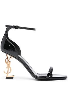 black calf leather patent finish square open toe single toe strap branded footbed buckle-fastening ankle strap signature Cassandre logo plaque high sculpted heel Salto Saint Laurent, Ysl High Heels, Book Closet, Gucci High Heels, Saint Laurent Heels, Saint Laurent Sandals, Louis Vuitton Shoes Heels, Pretty Heels, Unique Heels