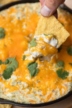 a tortilla chip being dipped with cheese and cilantro