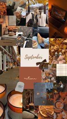 a collage of photos with candles, pumpkins and other things