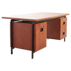 a wooden desk with two drawers on one side and an open drawer on the other