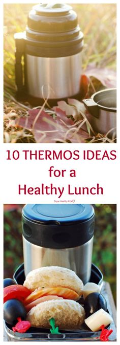 an image of some food on a plate with the words 10 thermos ideas for a healthy lunch