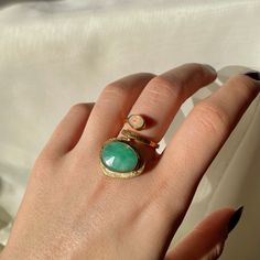 ❣ MATERIAL: This handmade and unique ring has 22k Gold Vermeil on 925 Sterling Silver.  ❣ GEMSTONE: Dual Stone rings with Chrysoprase-Opal, Smoky Quartz-Opal and Dendritic Opal-Opal are shown on the photos. If you are interested in another gemstone, please write us so we can create your dream ring together! ❣ SIZE: This wrap ring is totally adjustable! You can adjust its size and even lengthen or shorten it with your hand easily! Opal: * attracts love and prosperity * brings charming energy to t Anniversary Yellow Gold Chrysoprase Jewelry, Fine Jewelry Chrysoprase Ring, Yellow Gold Emerald Chrysoprase Cabochon Ring, Fine Jewelry In Green Chrysoprase, Yellow Gold Chrysoprase Jewelry, Fine Jewelry Green Chrysoprase, Yellow Gold Chrysoprase Jewelry For May Birthstone, Green Chrysoprase Fine Jewelry, Green Snake Ring For Gift