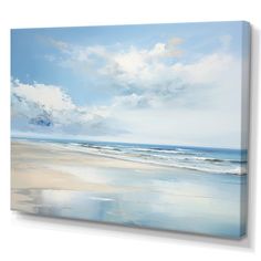 an oil painting of the ocean with clouds in the sky and water reflecting on the sand