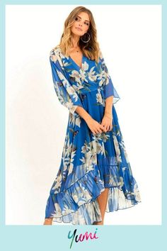 Get season ready with Yumi this summer and shop our amazing range of womens dresses in all styles! Check out this Floral Print Kimono Midi Wrap Dress in Blue! Summer Long Sleeve Tiered Dress With Ruffle Hem, Long Sleeve Tiered Dress With Ruffle Hem For Summer, Flowy 3/4 Sleeve Maxi Dress For The Beach, Flowy Maxi Dress With 3/4 Sleeve For Beach, Flowy Spring Maxi Dress With Ruffle Hem, Flowy Dresses With 3/4 Sleeves For Vacation, Summer Dresses With Ruffle Hem And 3/4 Sleeves, Summer Dress With Ruffle Hem And 3/4 Sleeves, Bohemian Tiered Chiffon Dress