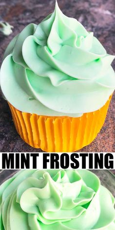 there is a cupcake with green frosting on it and the words mint frosting are