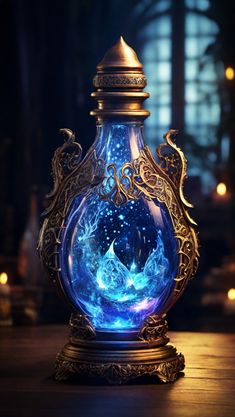 a blue glass vase with an intricate design on the top and bottom, sitting on a wooden table in front of candles