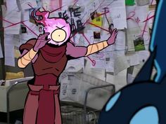 a cartoon character standing in front of a wall with papers on it and writing all over the walls