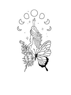 a black and white drawing of a butterfly with the moon in the sky above it