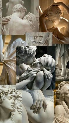 many different statues are shown together in this collage with one being kissing the other